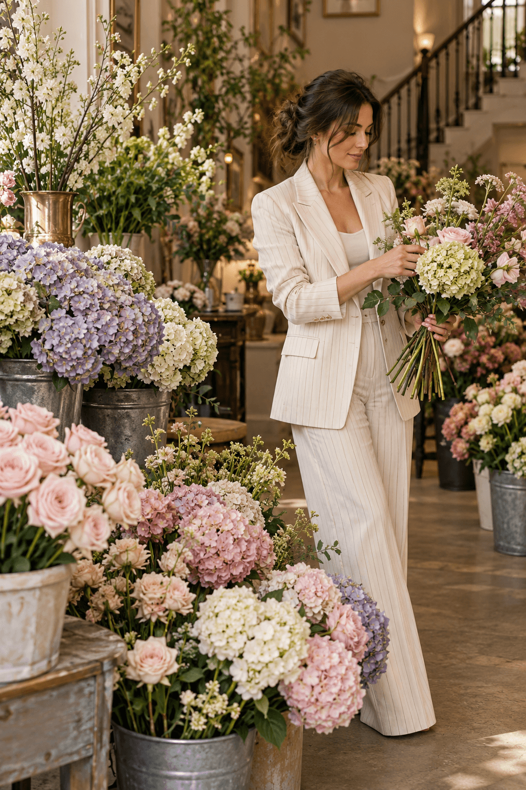 Floristă care pregătește un buchet într-un atelier plin de flori