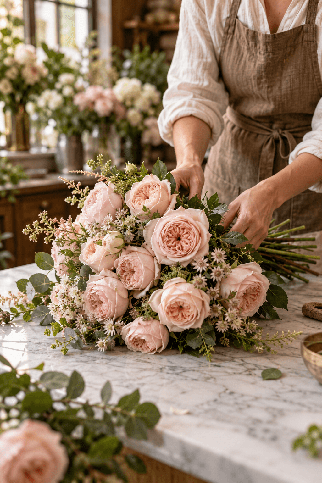 Florist care aranjează un buchet de trandafiri roz pe o masă de marmură