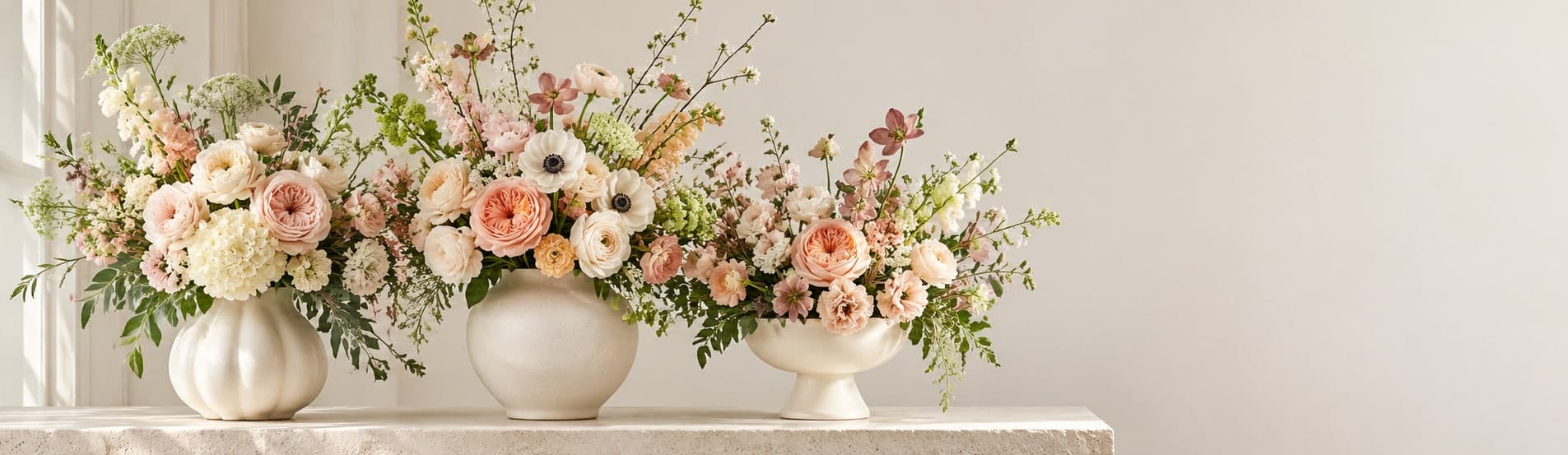 Trei buchete pastelate în vase ceramice